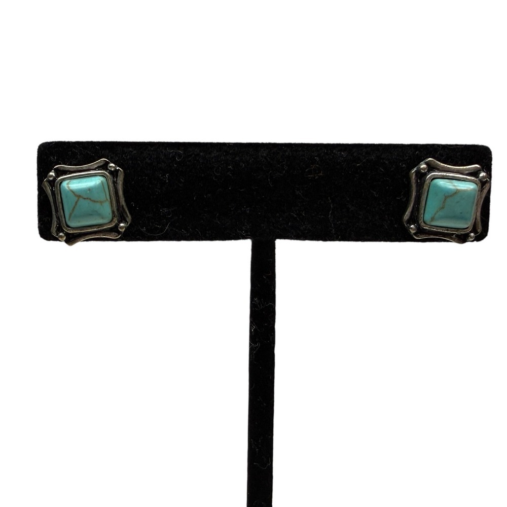 Turquoise Gemstone Stud Earrings Tibetan Silver Tone Southwest Jewelry 1/2 in
